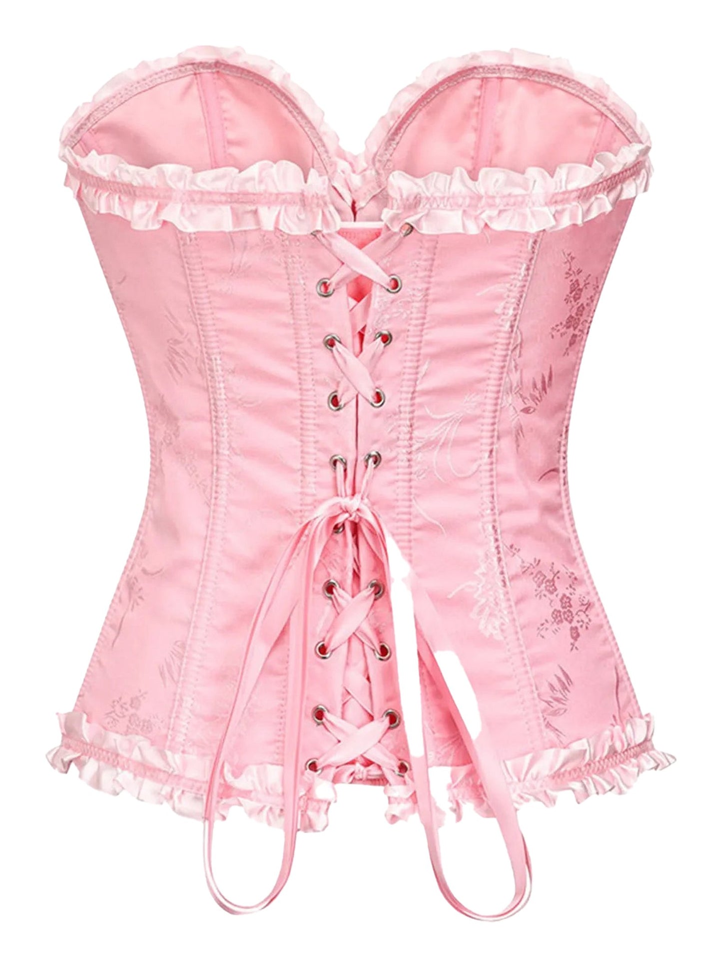 Pink floral lace corset top for women with ruffle trim and lace-up back design
