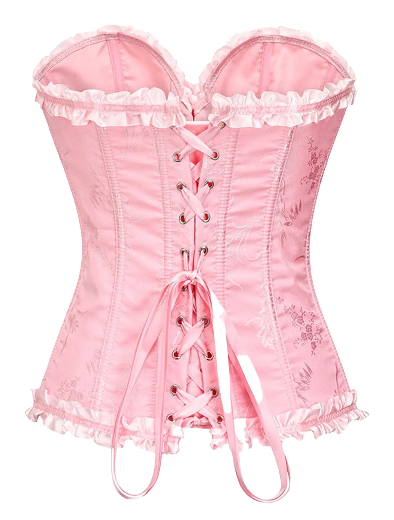 Pink floral lace corset top for women with ruffle trim and lace-up back design