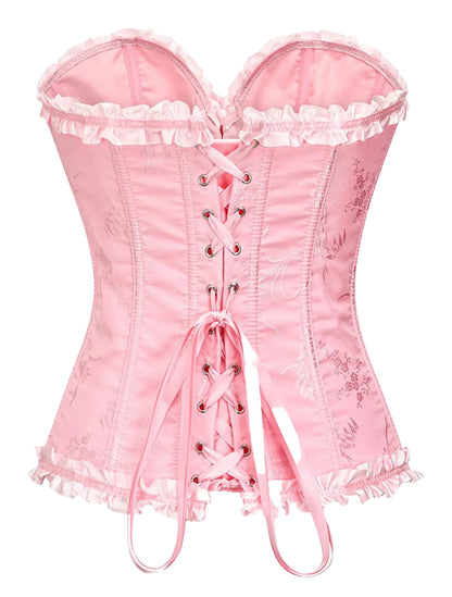 Pink floral lace corset top for women with ruffle trim and lace-up back design