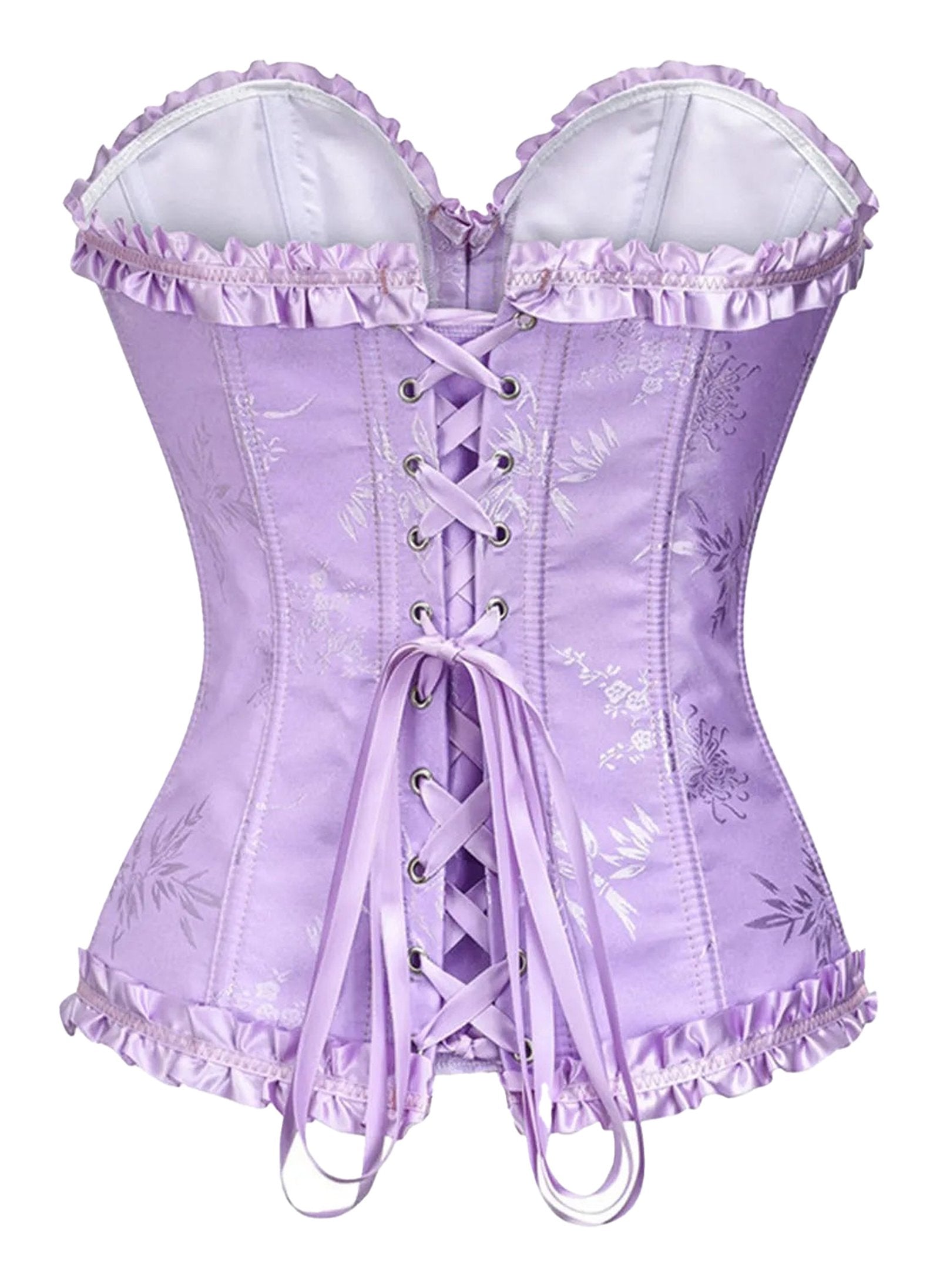 Lavender floral lace corset top for women with ruffled edges and adjustable lacing