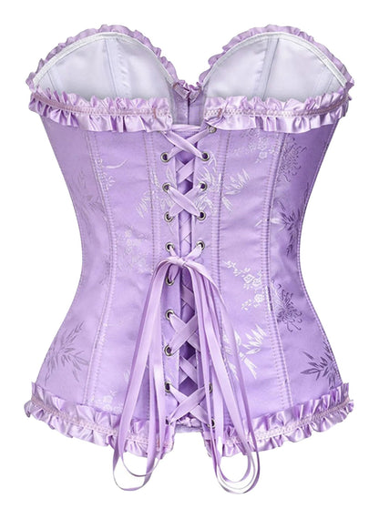 Lavender floral lace corset top for women with ruffled edges and adjustable lacing