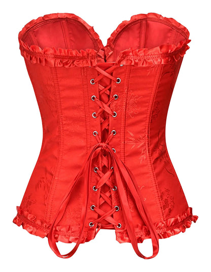 Red floral lace corset top for women with ruffle detail and lace-up back for a flattering fit