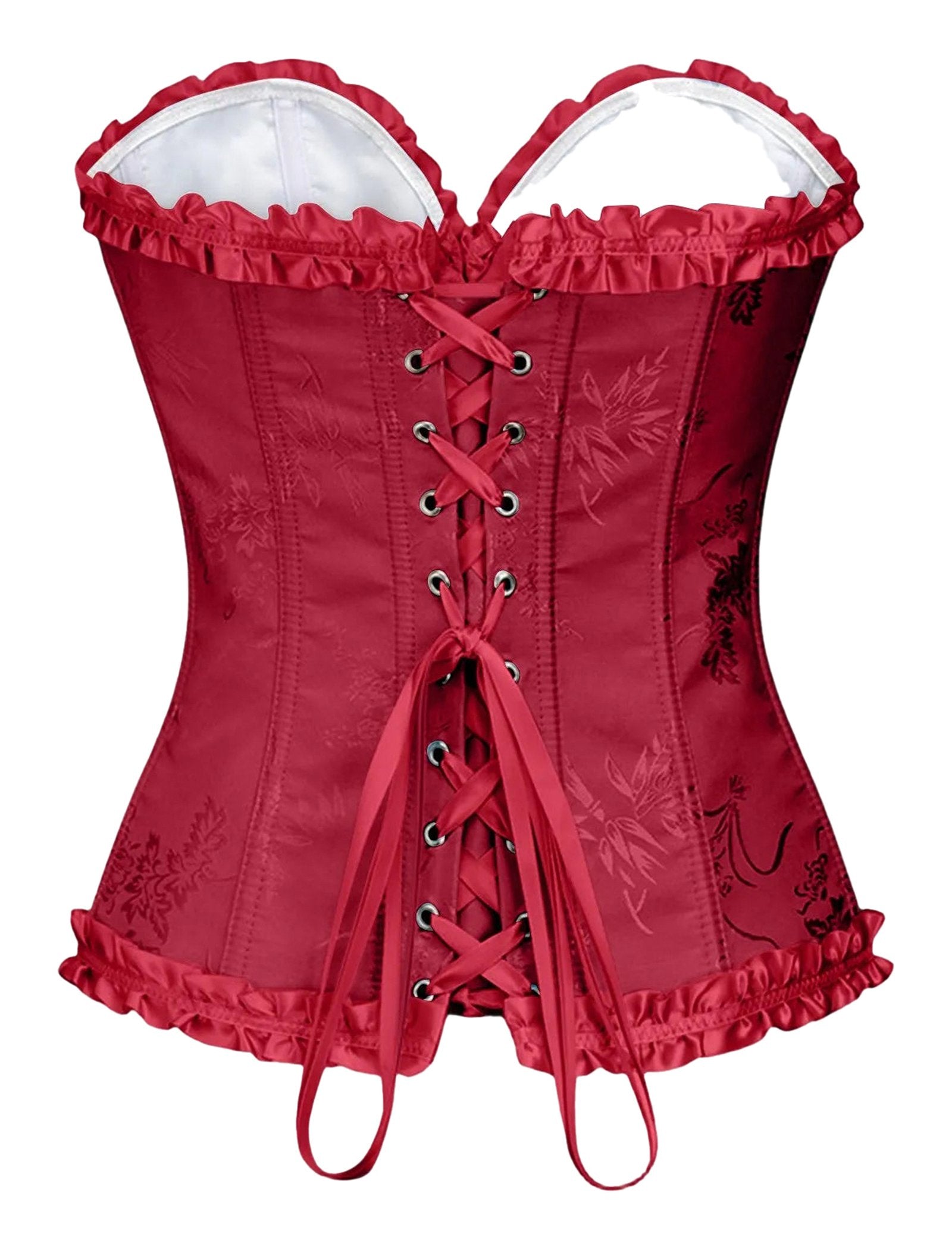 Elegant red floral lace corset top for women with ruffled edges and adjustable laces