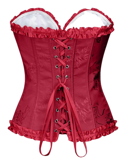 Elegant red floral lace corset top for women with ruffled edges and adjustable laces