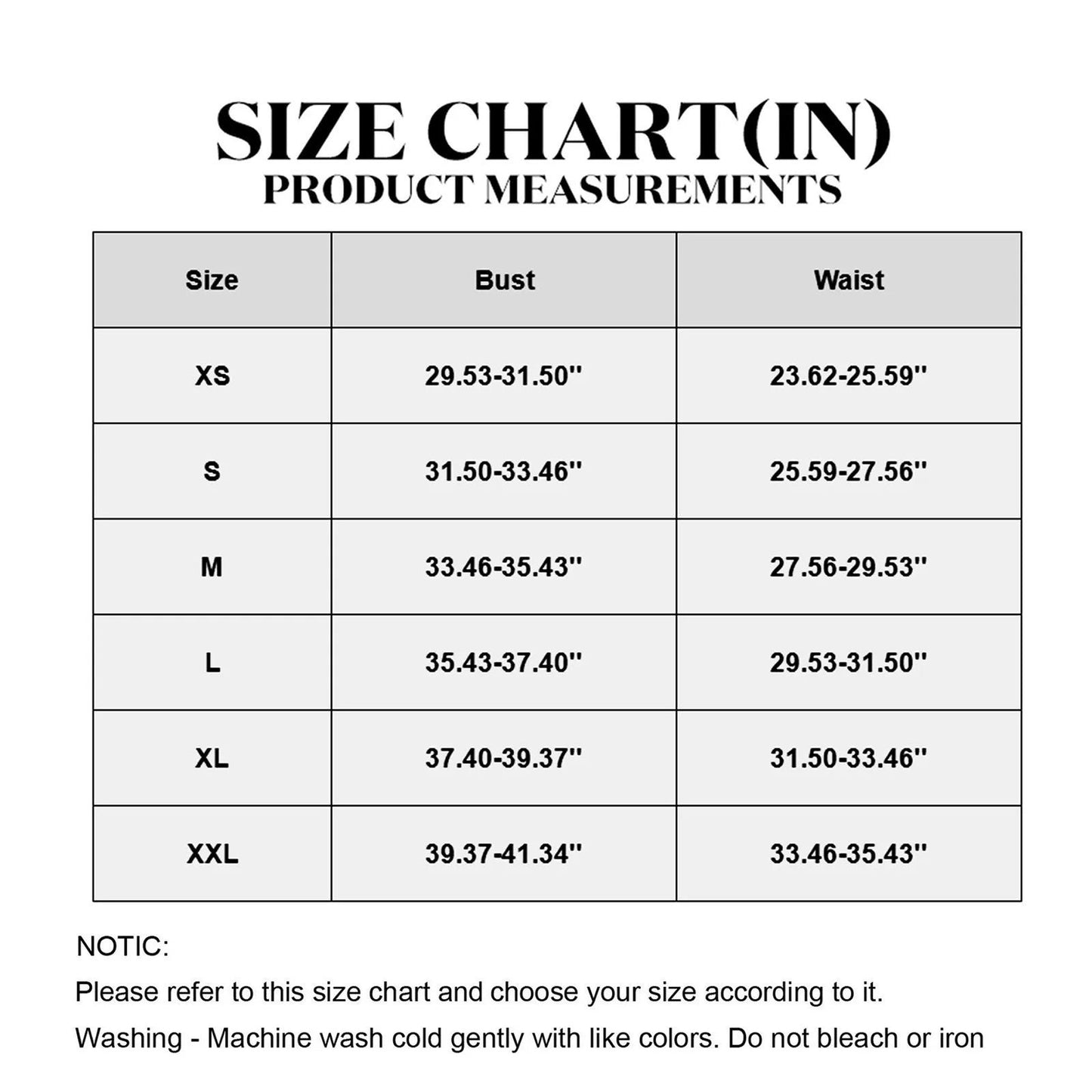 Size chart for floral lace corset top for women from LuckeLadybug LLC with bust and waist measurements
