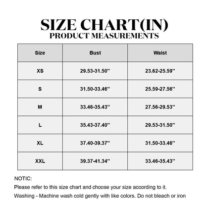 Size chart for floral lace corset top for women from LuckeLadybug LLC with bust and waist measurements