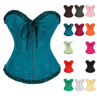 Teal floral lace corset top for women with ruffled edges and front buttons in various colors
