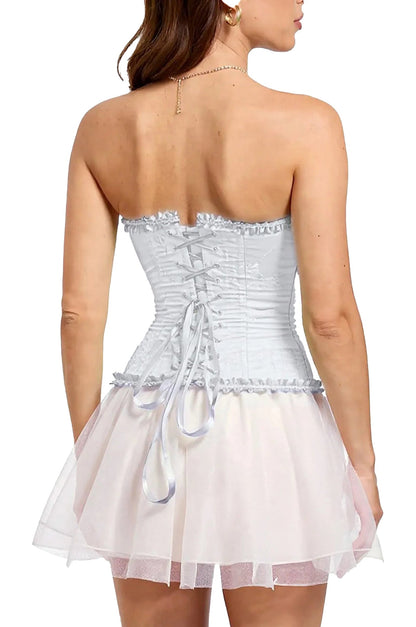 Elegant white floral lace corset top for women with a flared skirt and lace-up back detail