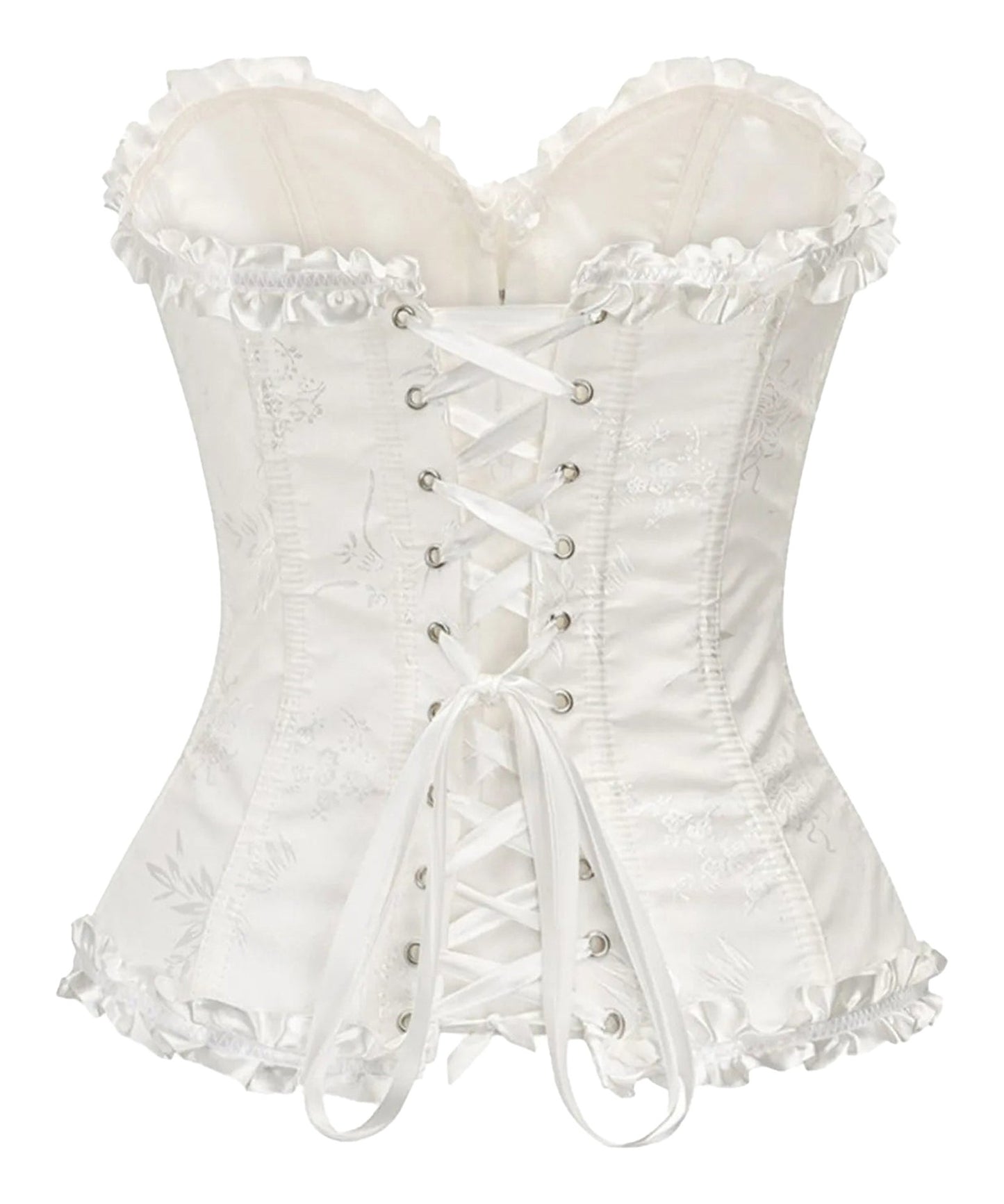 Elegant white floral lace corset top for women with ruffled edges and lace-up back detail