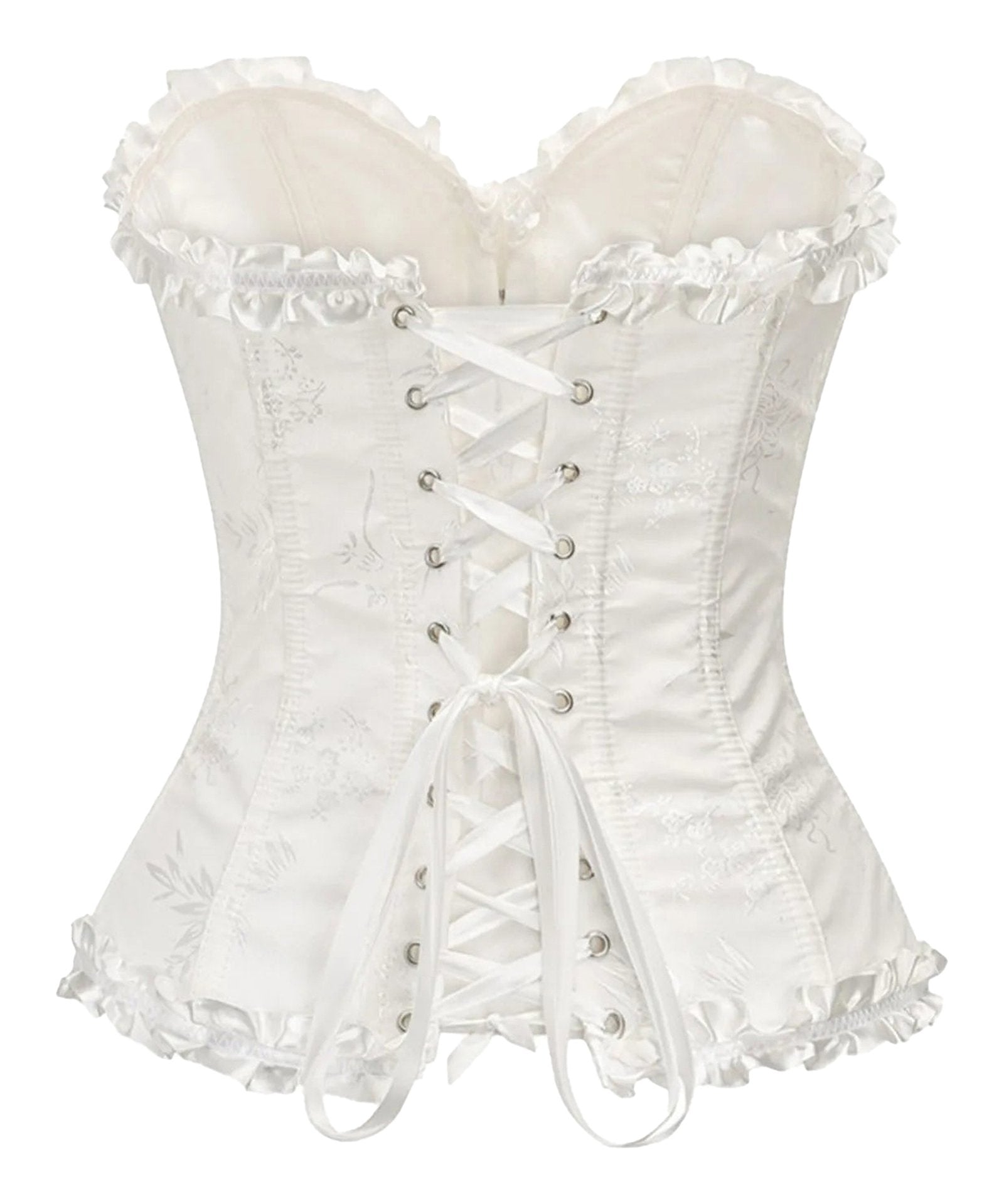 Elegant white floral lace corset top for women with ruffled edges and lace-up back detail