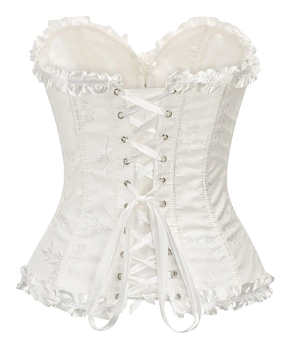 Elegant white floral lace corset top for women with ruffled edges and lace-up back detail