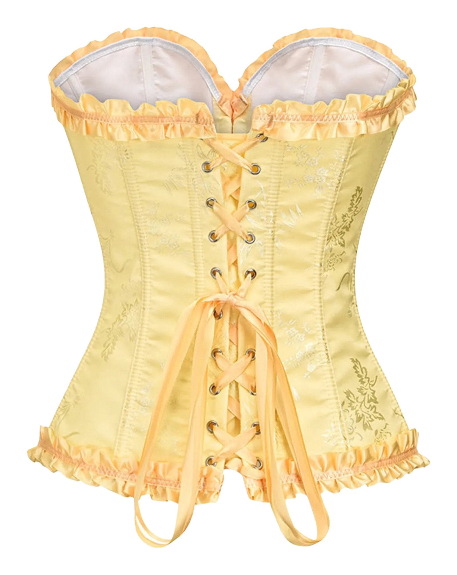 Yellow floral lace corset top for women with ruffle details and lace-up back design