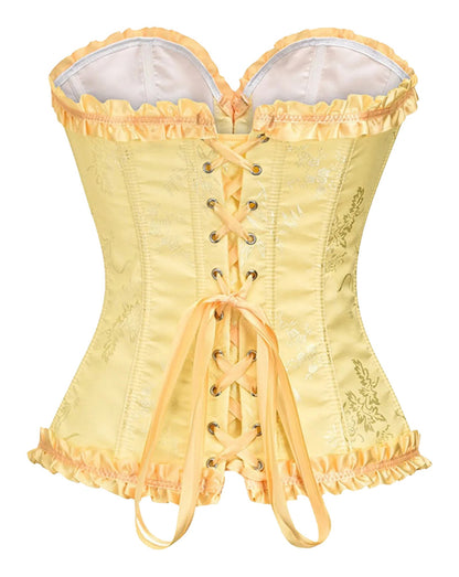 Yellow floral lace corset top for women with ruffle details and lace-up back design