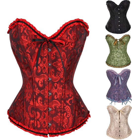 Floral lace corset top in red with ribbon details and button closure, ideal for stylish outfits