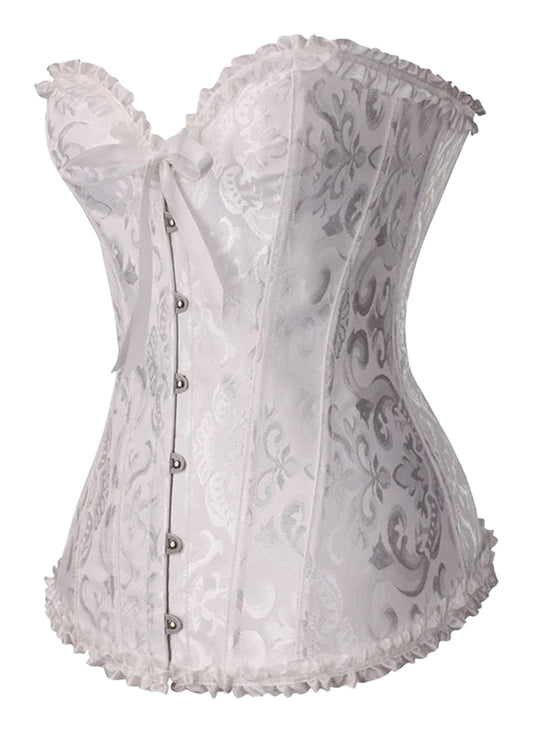Elegant floral lace corset top in white with ruffled edges and button details for a feminine look