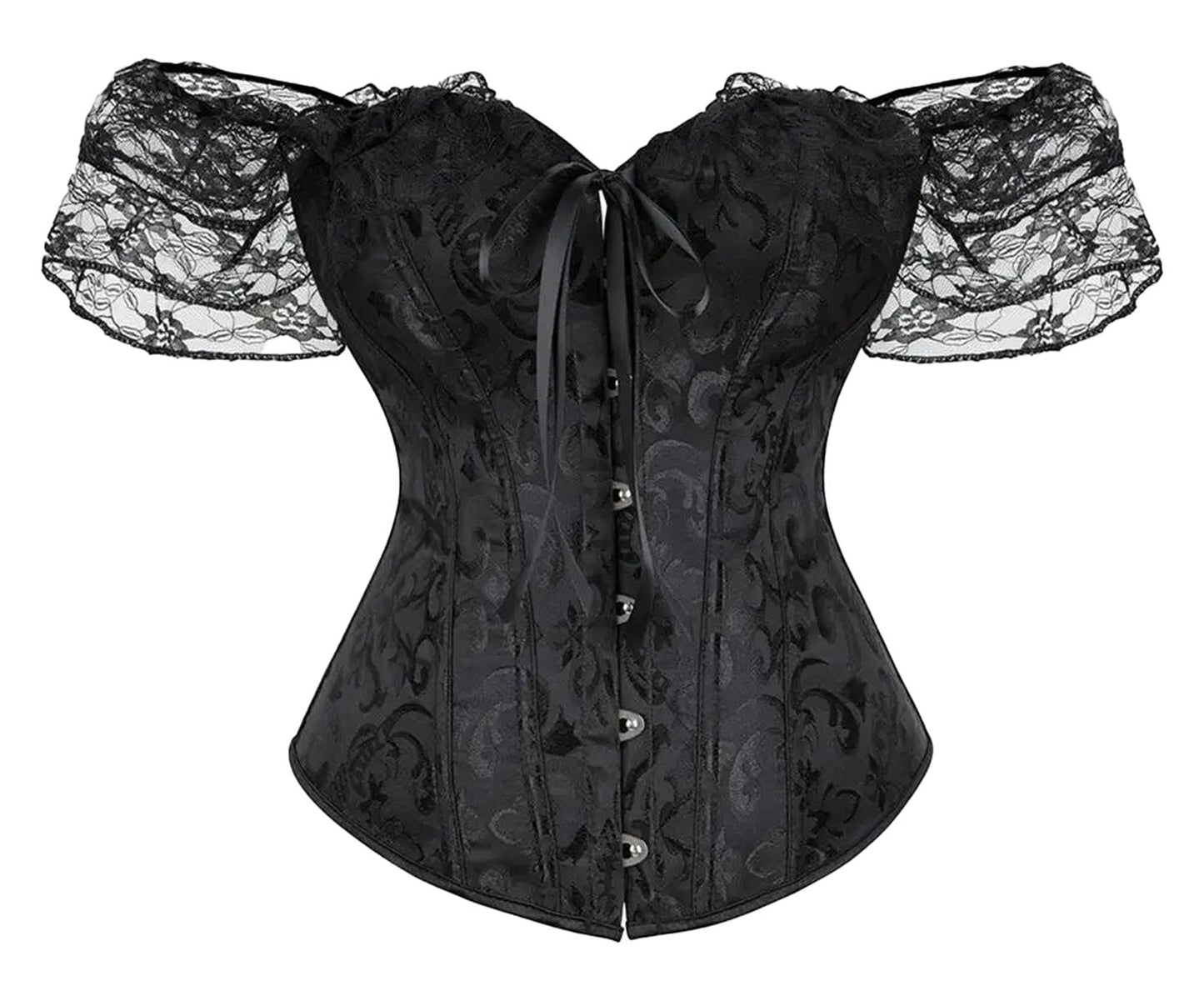 LuckeLadybug LLC floral lace off shoulder corset top with bell sleeves and front button closure