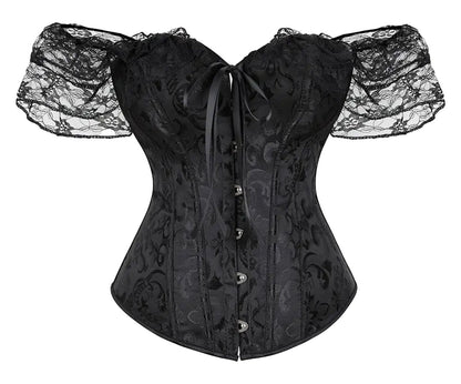 LuckeLadybug LLC floral lace off shoulder corset top with bell sleeves and front button closure