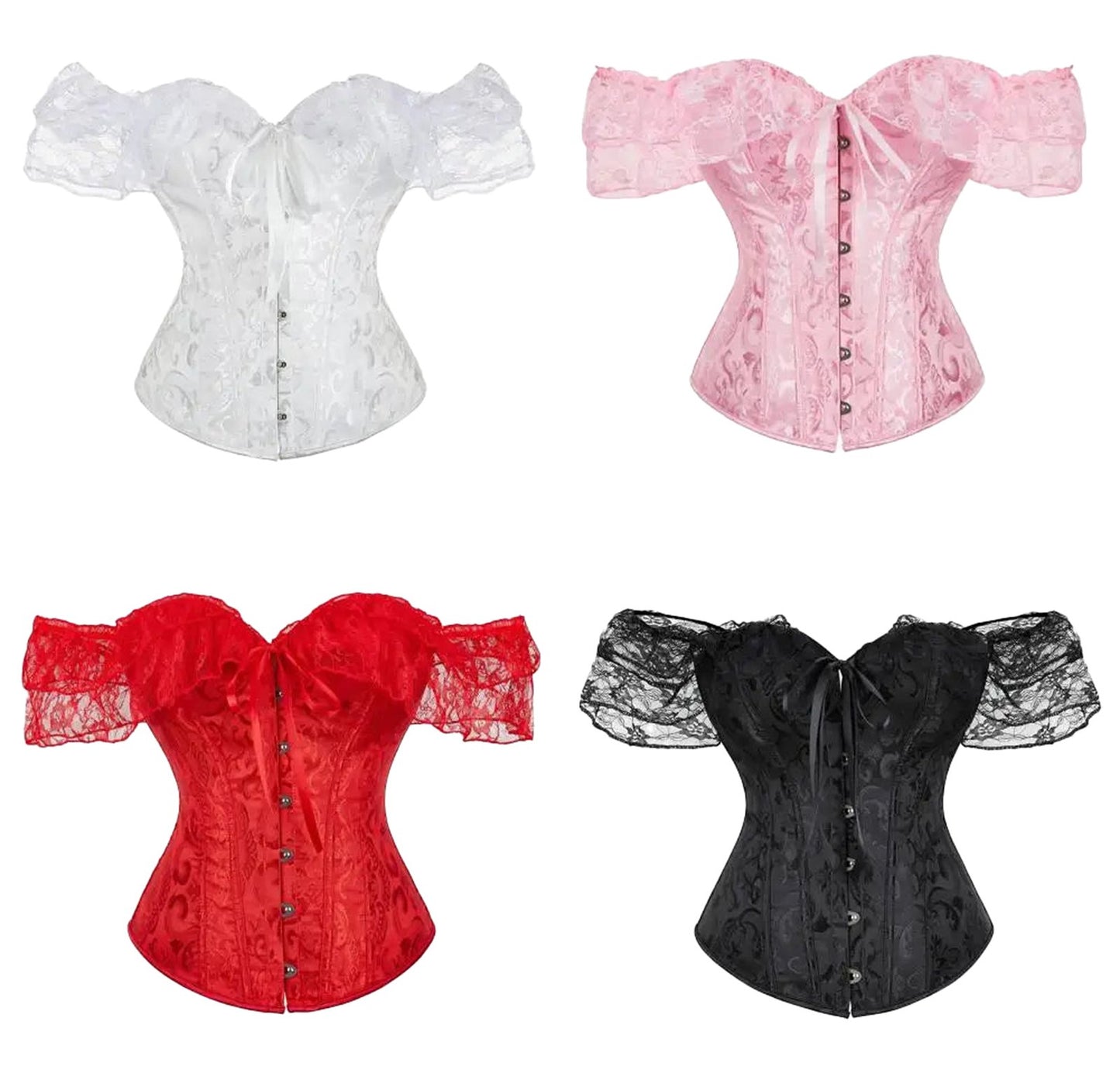 Floral lace off shoulder corset top in white, pink, red, and black for stylish outfits
