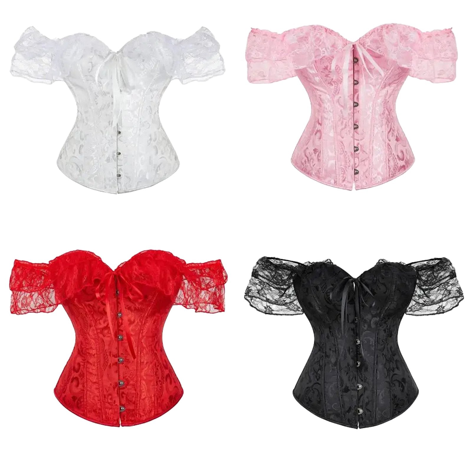 Floral lace off shoulder corset top in white, pink, red, and black for stylish outfits