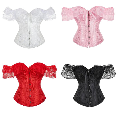 Floral lace off shoulder corset top in white, pink, red, and black for stylish outfits
