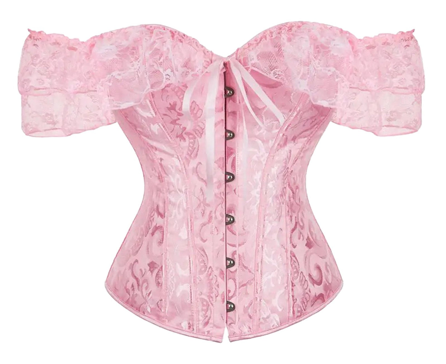 Floral lace off shoulder corset top in pink with ruffled sleeves and decorative front buttons