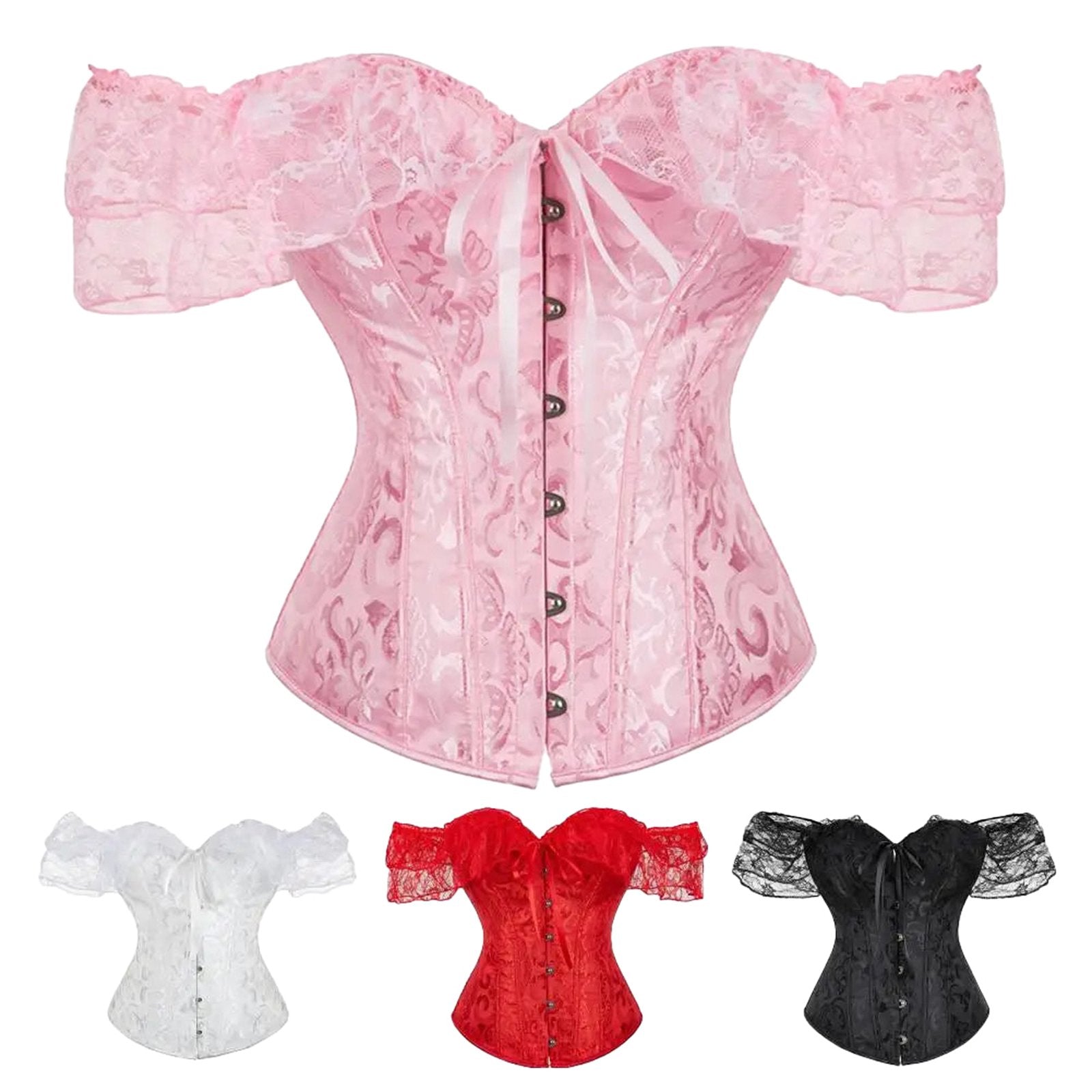 Floral lace off shoulder corset top in pink, white, red, and black with lace sleeves and button details