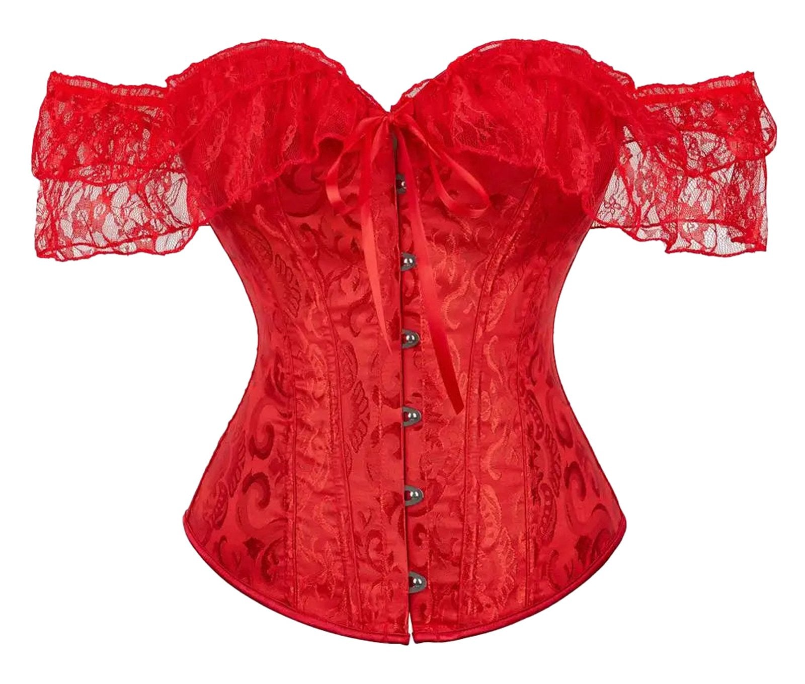 Red floral lace off shoulder corset top with ruffled sleeves and button front