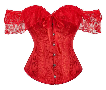 Red floral lace off shoulder corset top with ruffled sleeves and button front