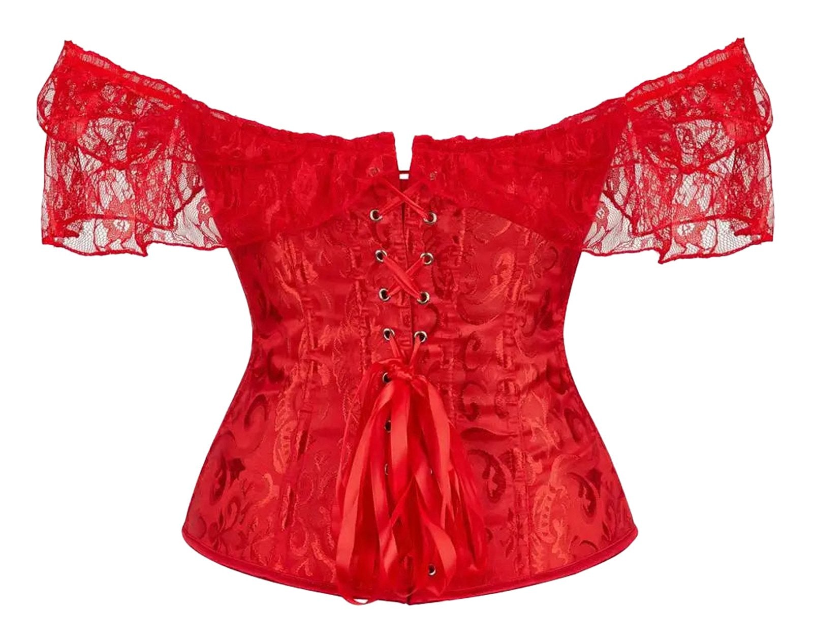 Floral lace off shoulder corset top in red with a lace overlay and adjustable ribbon tie