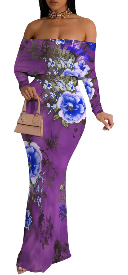 Elegant off shoulder floral mermaid dress in purple with blue floral designs, perfect for special occasions.