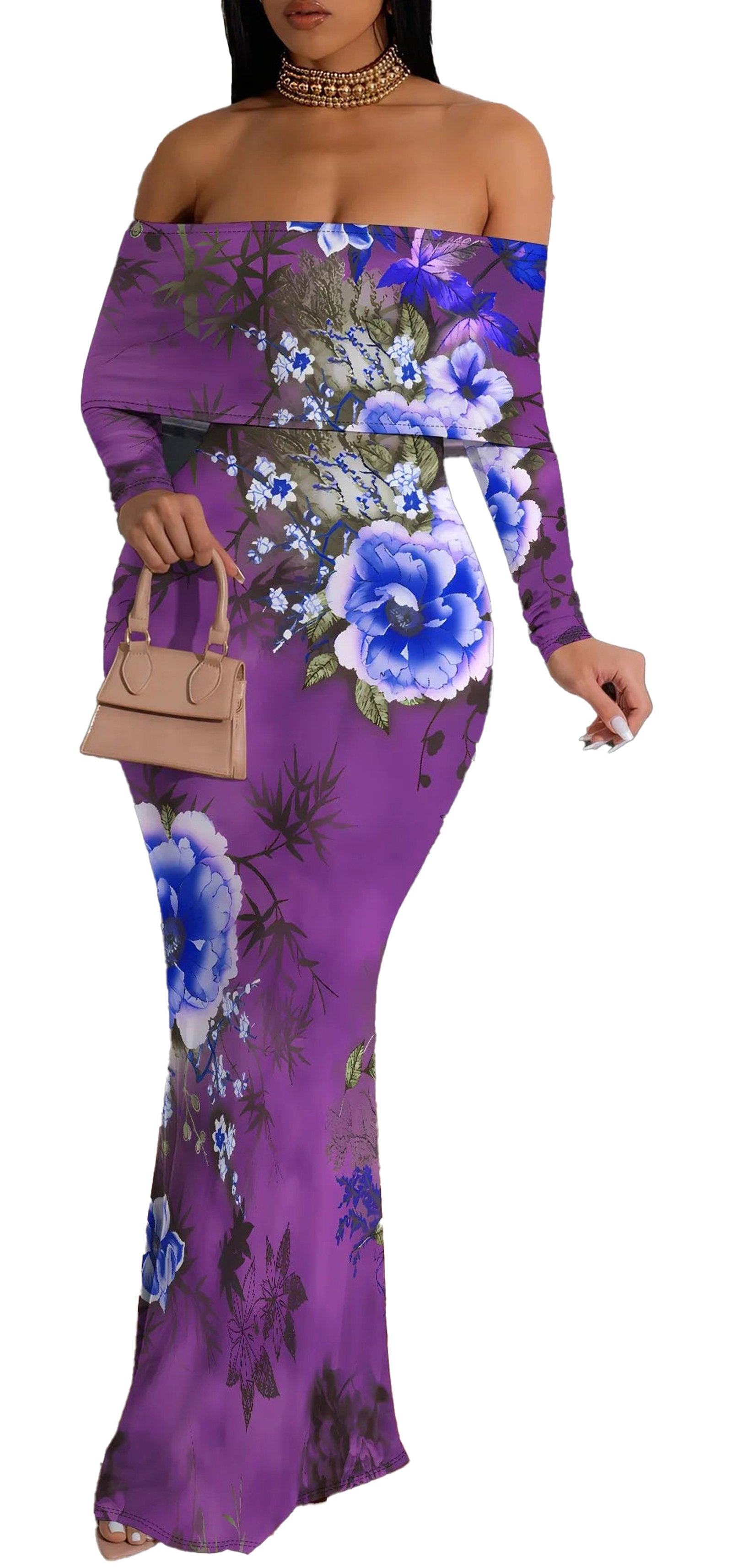 Elegant off shoulder floral mermaid dress in purple with vibrant blue floral designs, perfect for special occasions