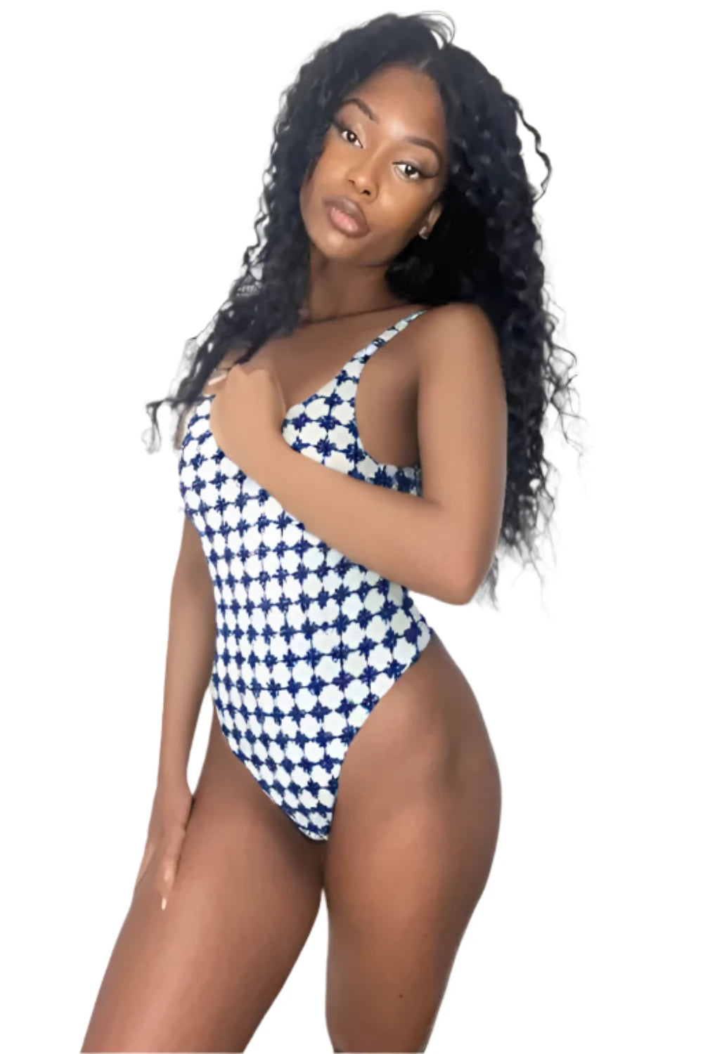 LuckeLadybug floral one-piece swimsuit with blue and white pattern worn by model
