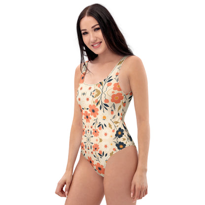LuckeLAdybug floral one-piece swimsuit with orange and navy flower print on a beige background