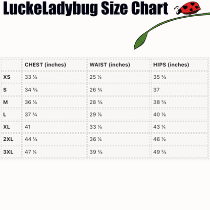 LuckeLadybug size chart showing chest waist and hips measurements in inches for floral one-piece swimsuit sizes XS to 3XL