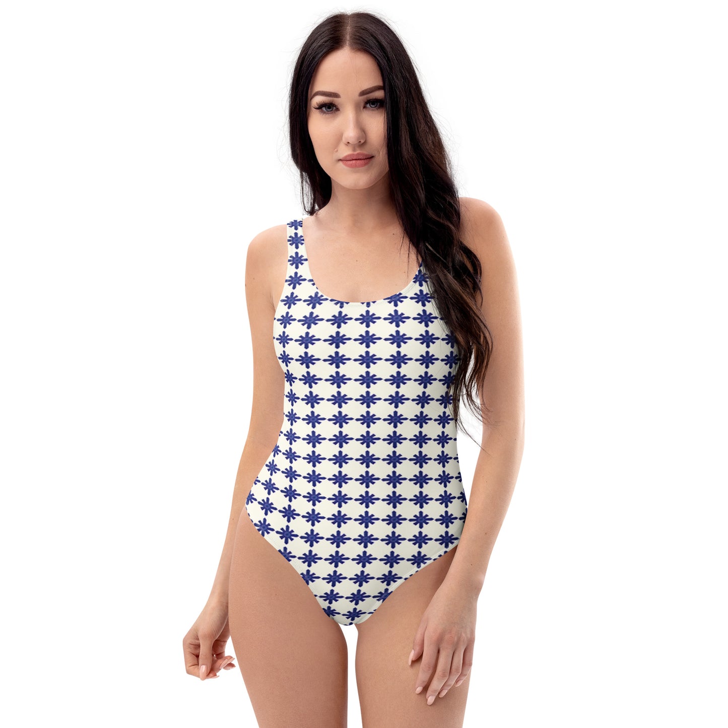 LuckeLadybug floral one-piece swimsuit with blue flower pattern on white background