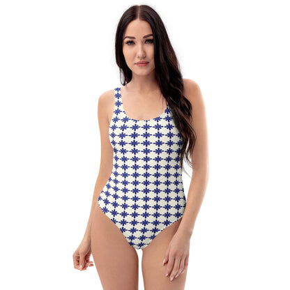 LuckeLadybug floral one-piece swimsuit with blue flower pattern on white background