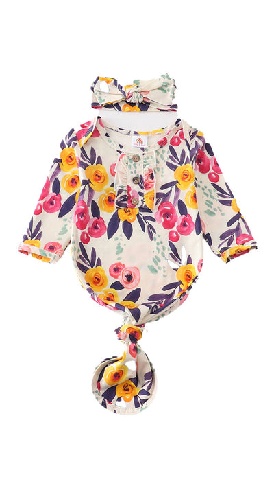 Adorable Floral Print Hairband Bamboo Baby Gown: Stylish Comfort For Your Little Ones! - LuckeLadybug LLC