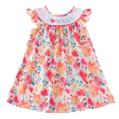 Adorable Floral Print 'I Love Mama' Embroidery Dress For Stylish Babies And Toddlers! - LuckeLadybug LLC