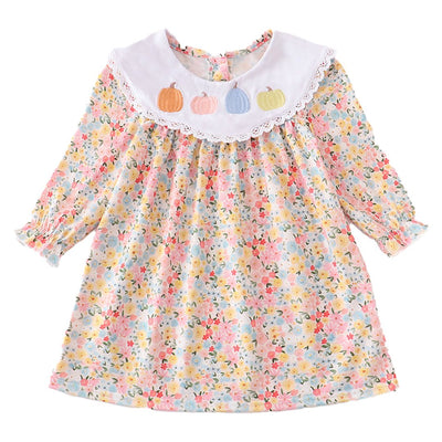 Adorable Floral Print Pumpkin Embroidery Dress For Stylish Babies & Toddlers - LuckeLadybug LLC