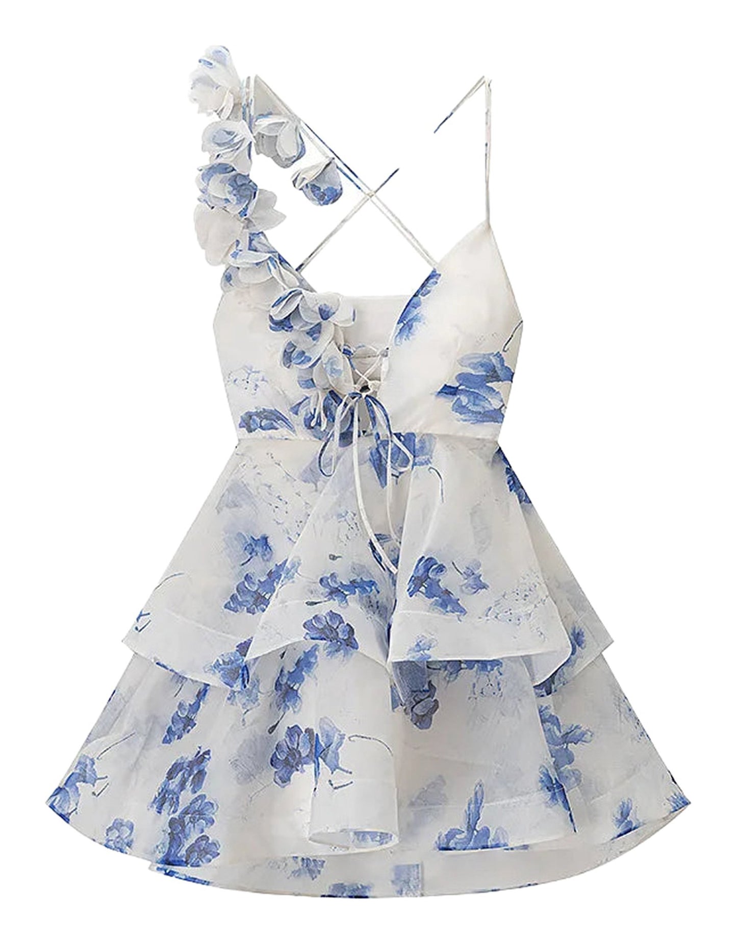 LuckeLadybug LLC floral puff sleeve mini dress in white with blue floral design and layered ruffles