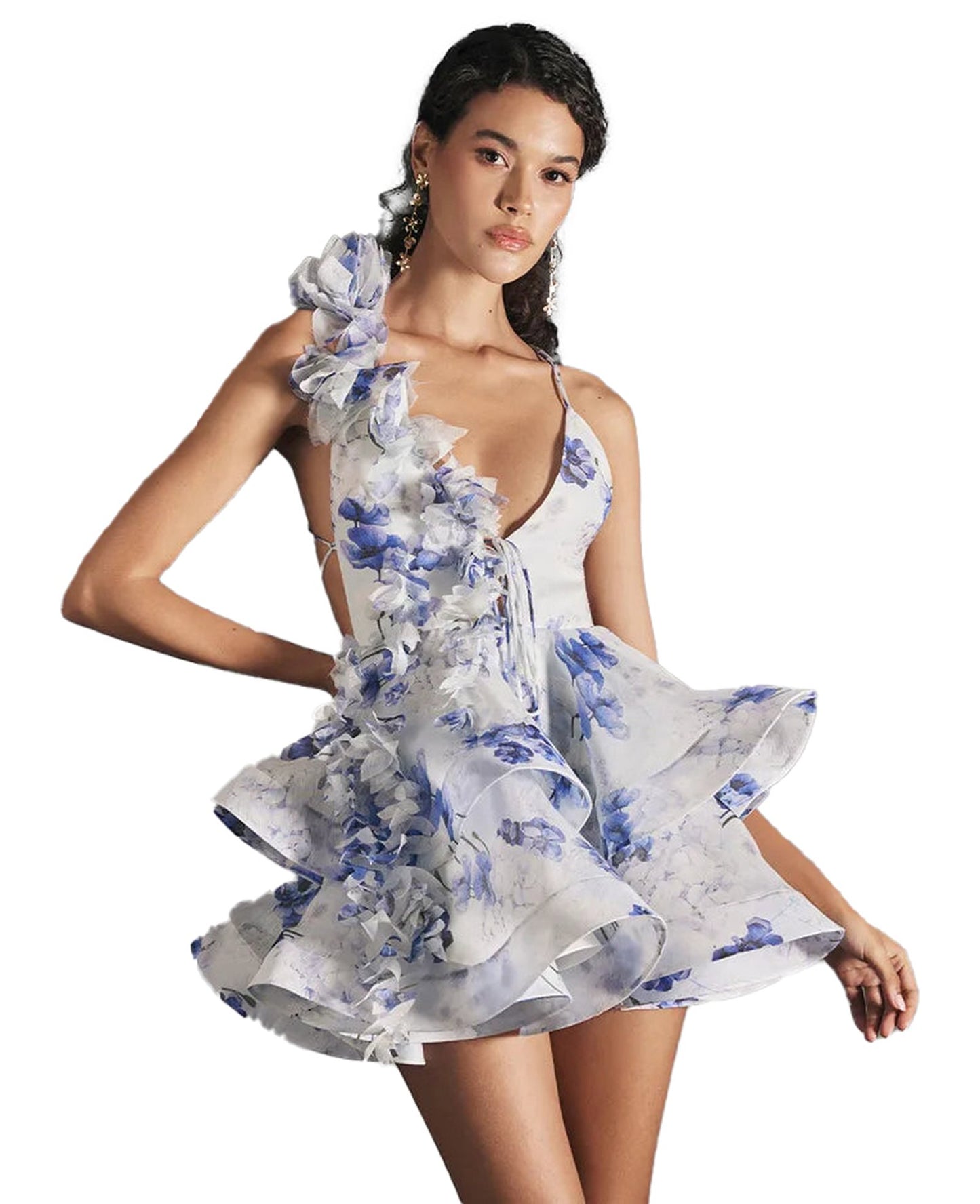 Floral puff sleeve mini dress in blue and white with ruffled details for a chic summer look