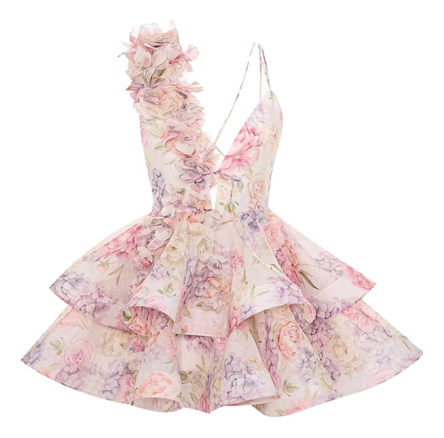 Floral puff sleeve mini dress by LuckeLadybug LLC featuring a one-shoulder design with layered floral accents