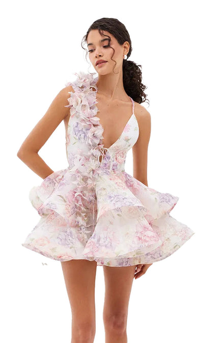 Floral puff sleeve mini dress with a ruffled shoulder design and flared skirt for a playful look