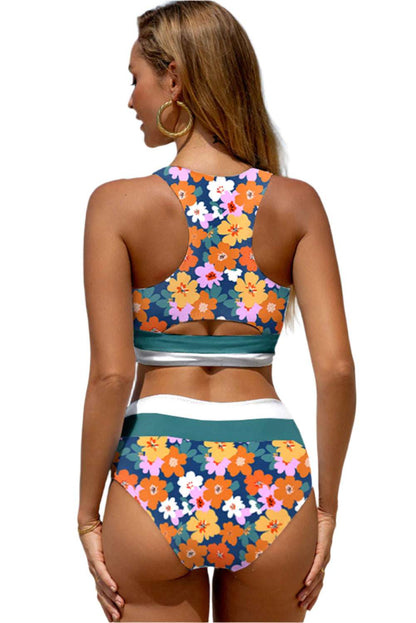 Floral racerback bikini for women with colorful flower patterns and high-waisted bottoms