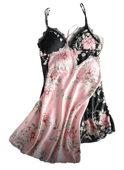 Floral satin lingerie babydoll dress in pink and black with lace details and soft fabric for a romantic look