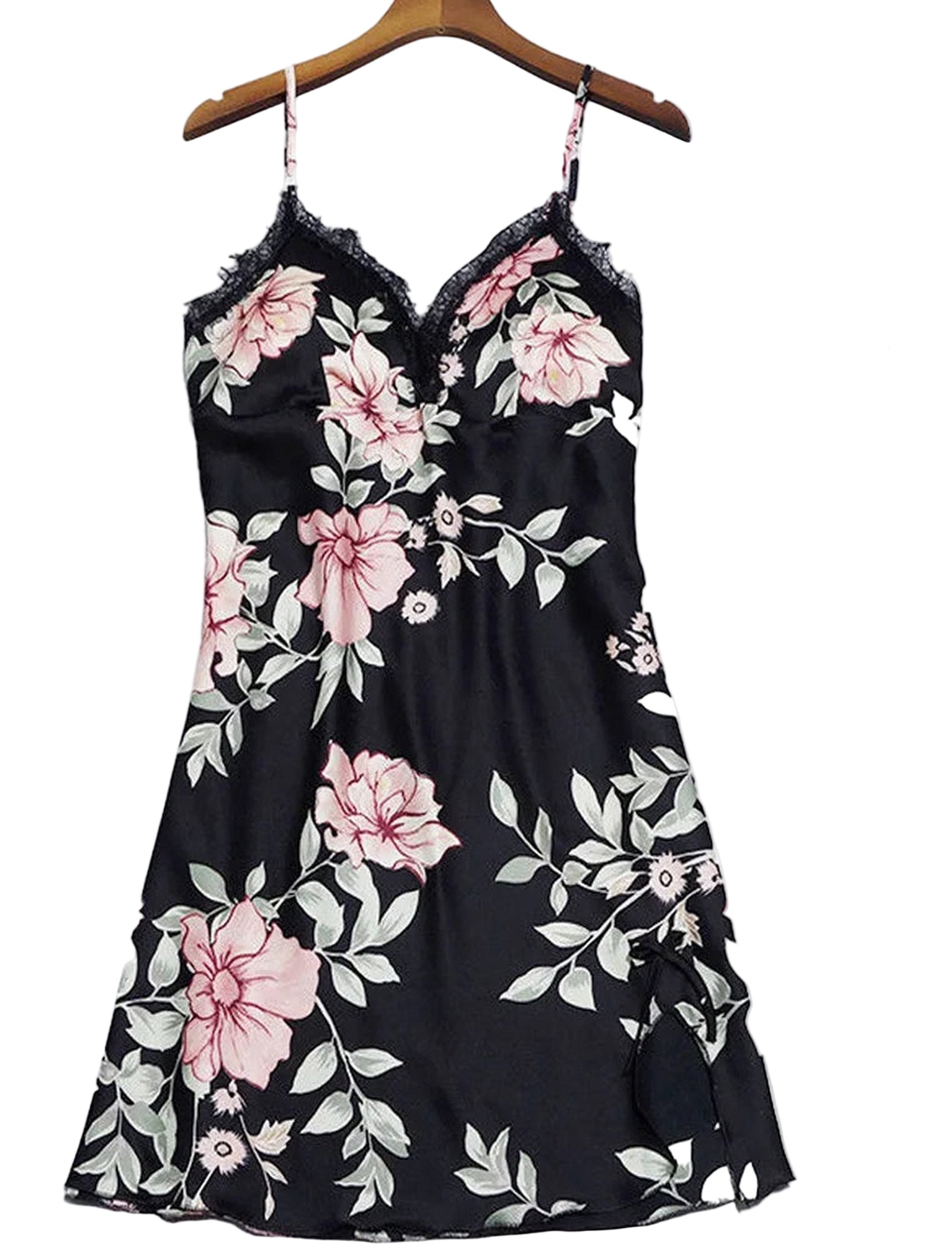 Floral satin lingerie babydoll dress with lace trim and adjustable straps from LuckeLadybug LLC