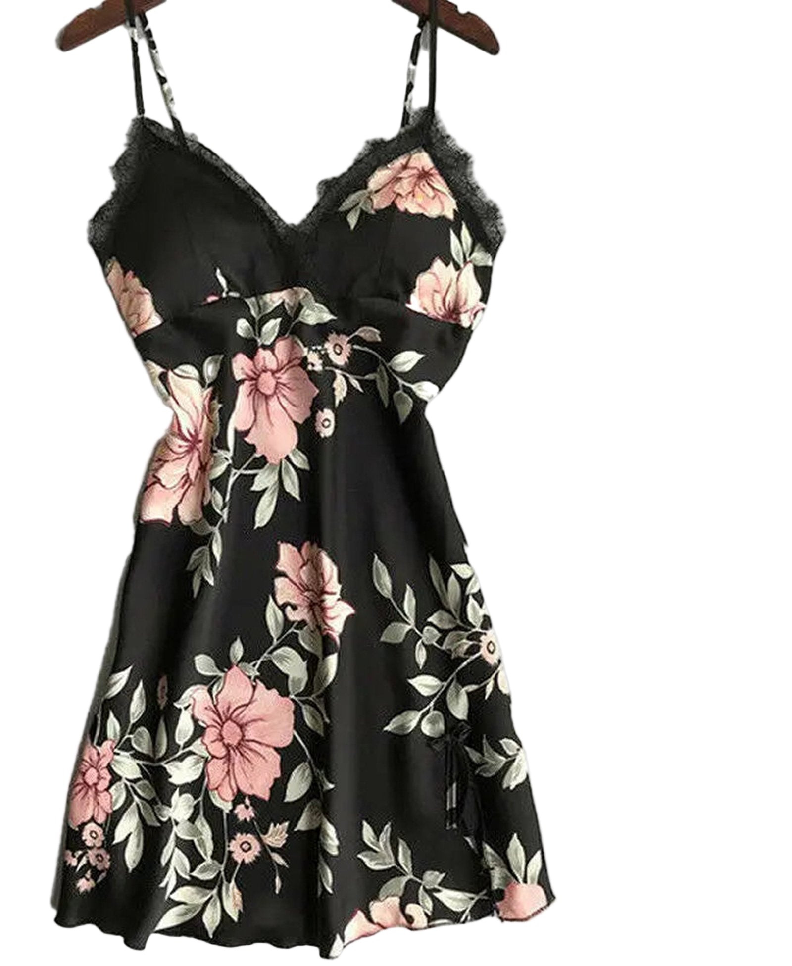 Floral satin lingerie babydoll dress with lace trim and adjustable straps from LuckeLadybug LLC