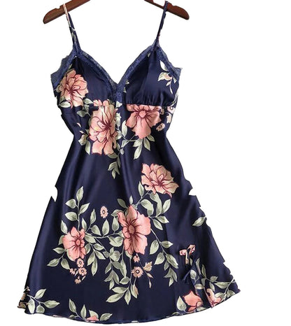 Floral satin lingerie babydoll dress in navy blue with pink flowers and lace trim by LuckeLadybug LLC