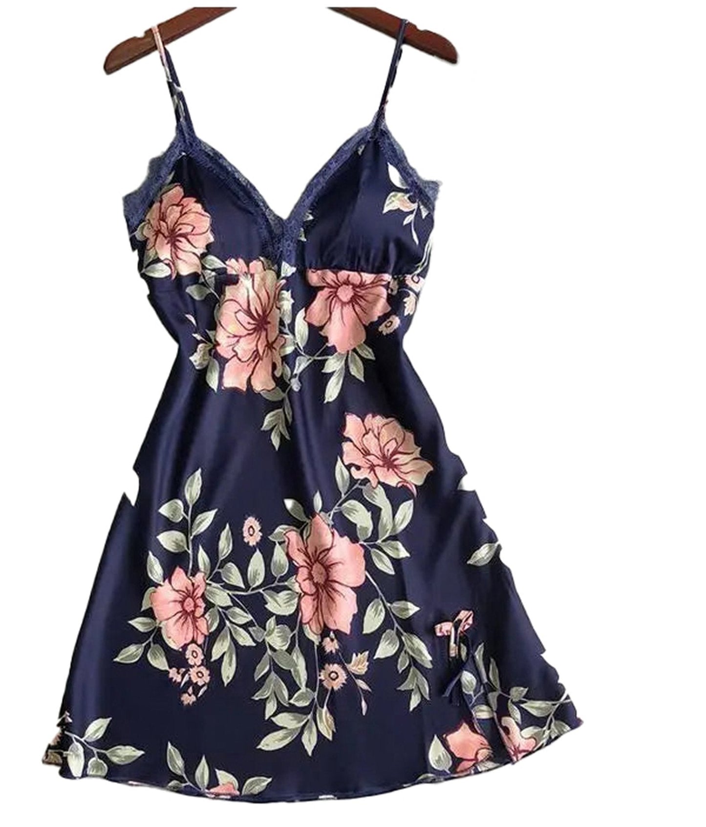 Floral satin lingerie babydoll dress with adjustable straps and lace detailing