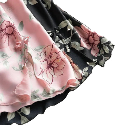 Floral satin lingerie babydoll dress with elegant floral patterns in pink and black